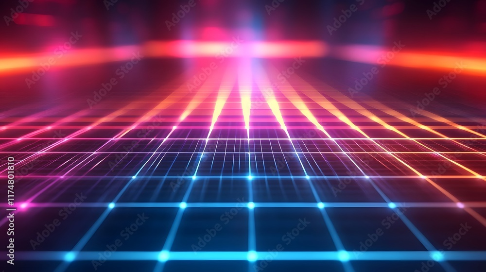 Poster vibrant neon grid pattern with glowing lines and illuminated geometric shapes futuristic abstract di