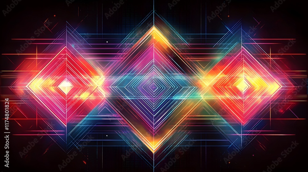 Poster radiant geometric fractal patterns in vibrant neon colors on a dark backdrop creating a captivating 