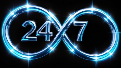 Infinity shaped metallic symbol with 24/7 text, glowing with blue light on a dark background. Represents continuous service, support, and limitless availability