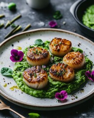 Fototapeta premium A gourmet plate featuring seared scallops on a vibrant green pea puree, garnished with edible flowers.