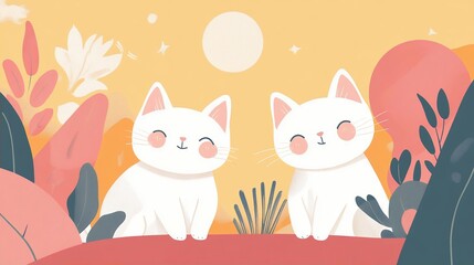 Fototapeta premium Adorable White Kittens in a Sunny Garden Illustration