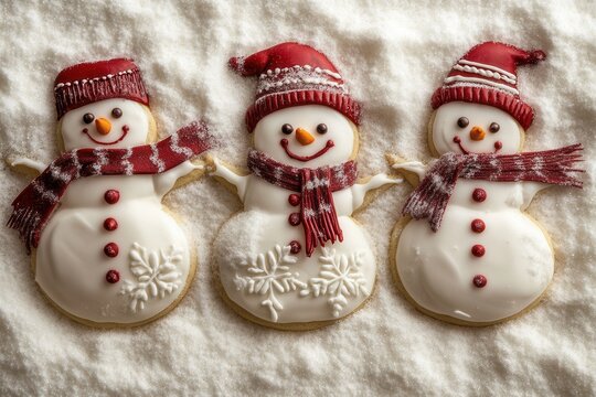 Three smiling decorated christmas snowman cookies lying on icing sugar