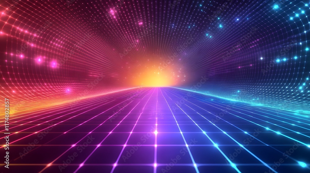 Poster futuristic neon abstract grid background with dynamic light waves radial spectrum and digital data p