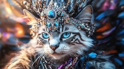 Hyper-detailed cat portrait, tribal headdress, vibrant blue feathers, intricate metal necklace, piercing blue eyes, silver fur, dramatic lighting, fantasy feline warrior, mystical atmosphere, high con