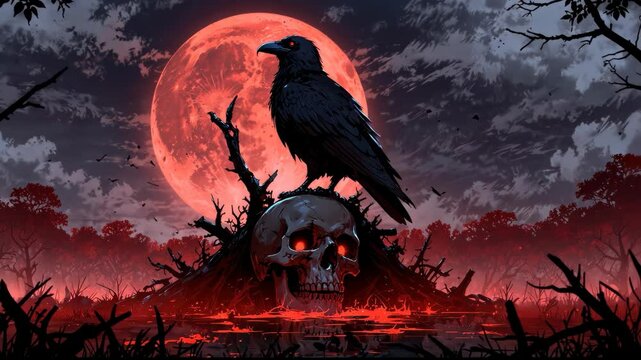 Video footage of black raven perched on a skull against a large, red moon and a dark, ominous landscape
