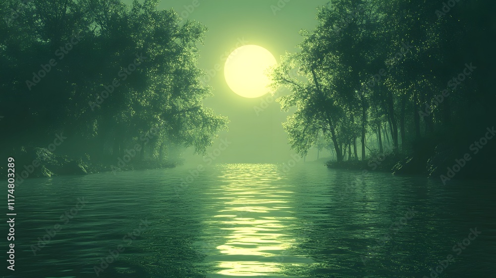 Poster enchanting moonlit forest landscape with glowing reflection in serene tranquil lake mystical atmosph