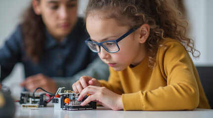 Girl with curly hair focused on electronic device, another person in background