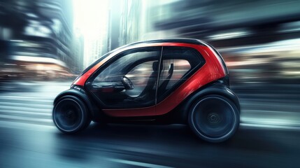 Futuristic Red And Black Electric Car Speeds Through City