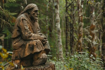 Wooden statue of a wise native american elder sitting on a tree stump in a forest