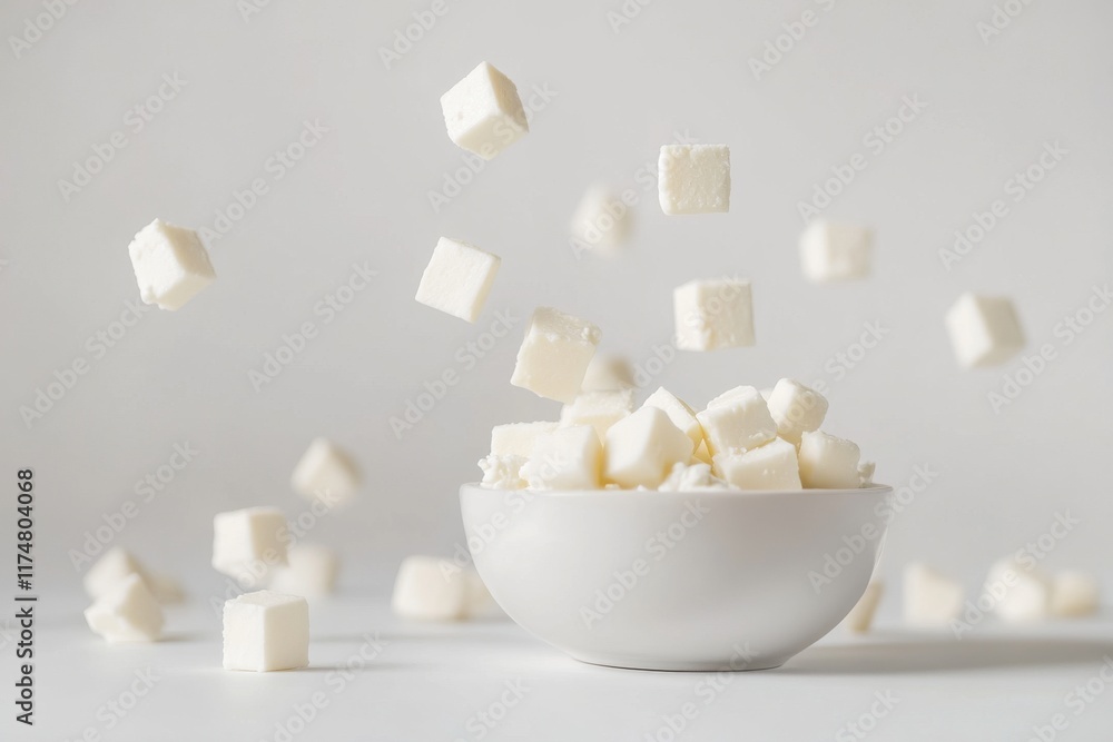 Poster a bowl of fresh white sugar cubes with cubes flying in the air, creating a dynamic and playful scene