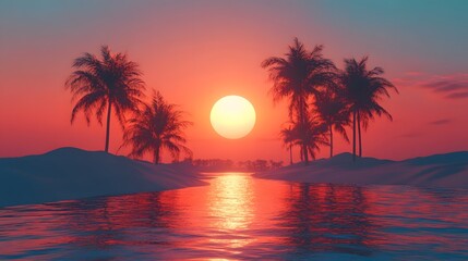 Breathtaking sunset over a picturesque tropical island with swaying palm trees reflecting in the calm azure waters of the ocean  Serene and tranquil beach landscape with a vibrant orange pink