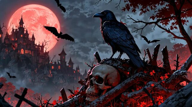 Video footage of raven perched atop a skull, with a blood red moon and a dark castle silhouetted against the night sky. Bats are flying in the background