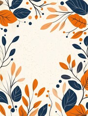 Fototapeta premium Autumn foliage illustration, minimal flat design, navy blue and orange leaves, abstract floral elements, beige textured background, botanical pattern, stylized nature, vector graphic style, decorative