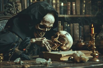 Skeleton wearing a dark robe is sitting at a desk in a dark library, reading an ancient book and holding a human skull