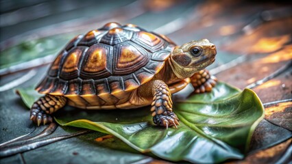 Fototapeta premium A miniature tortoise, shell exquisitely detailed, perches on a lush green leaf.