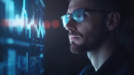 Man observes financial data displayed on a large screen