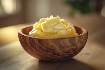 A rustic wooden bowl filled with creamy butter, illuminated by warm natural light.