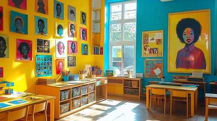 Obraz premium Bright, colorful classroom with art, tables, and supplies.