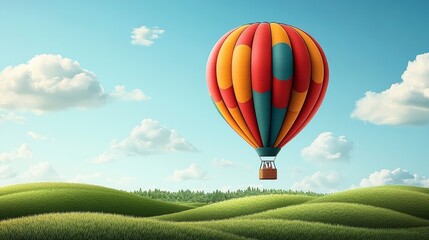 Fototapeta premium A vibrant hot air balloon ascends over rolling green hills under a bright blue sky