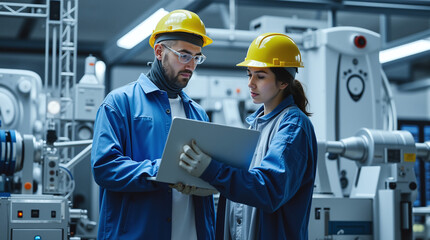 Two individuals in hard hats standing in industrial setting with laptop