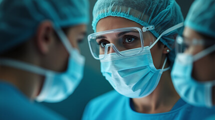 Surgical team in operating room with protective gear and instruments