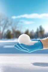 Blue-gloved hand holding snowball outdoors in winter landscape