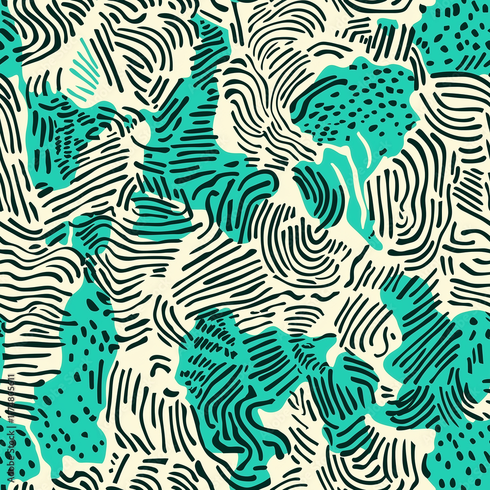 Poster abstract pattern featuring turquoise shapes and black lines on a cream background, creating a dynami