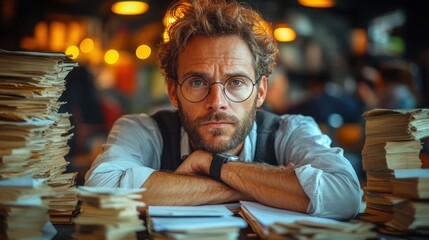 A Thoughtful Scholar Amidst Stacks of Books