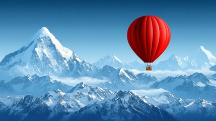 Naklejka premium A vibrant red hot air balloon soaring over a majestic snow-capped mountain range