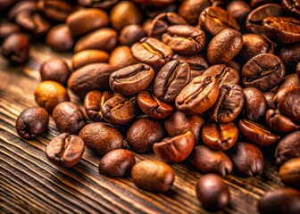 Fototapeta premium Aromatic roasted coffee beans, scattered on warm wood, a captivating blend of textures and scent.