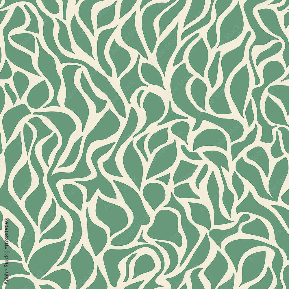 Poster a seamless pattern of abstract, flowing leaf shapes in a muted green and cream color scheme, ideal f