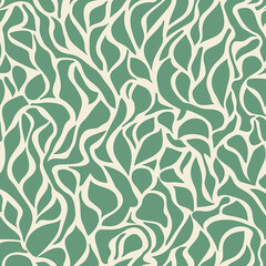 A seamless pattern of abstract, flowing leaf shapes in a muted green and cream color scheme, ideal for textiles and wallpaper designs.