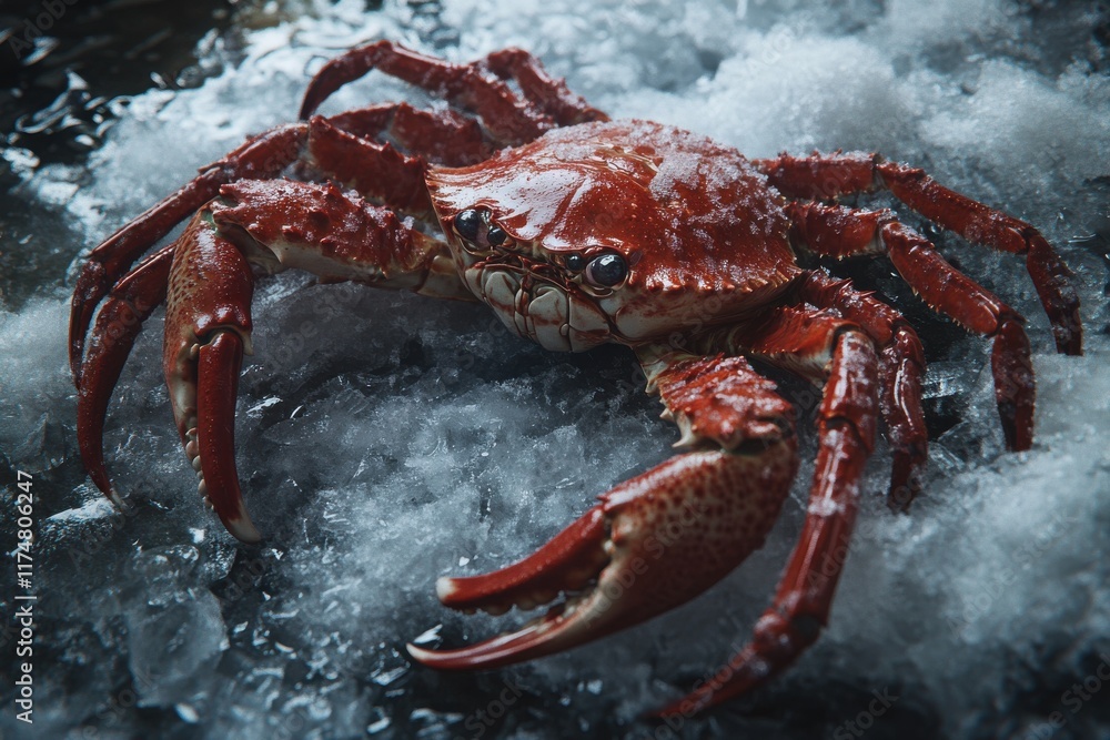 Poster close-up of a vibrant red crab resting on ice, showcasing its intricate shell and powerful claws.