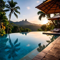 outdoor pool terrace of luxurious villa offers a breathtaking panoramic view of lush tropical landscape, with vibrant colors of sunrise casting a golden glow over tranquil