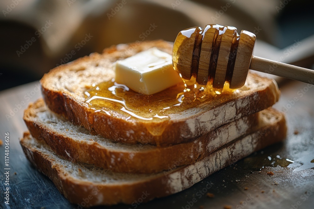 Poster delicious stack of toasted bread with butter melting and honey drizzled, creating a tempting breakfa