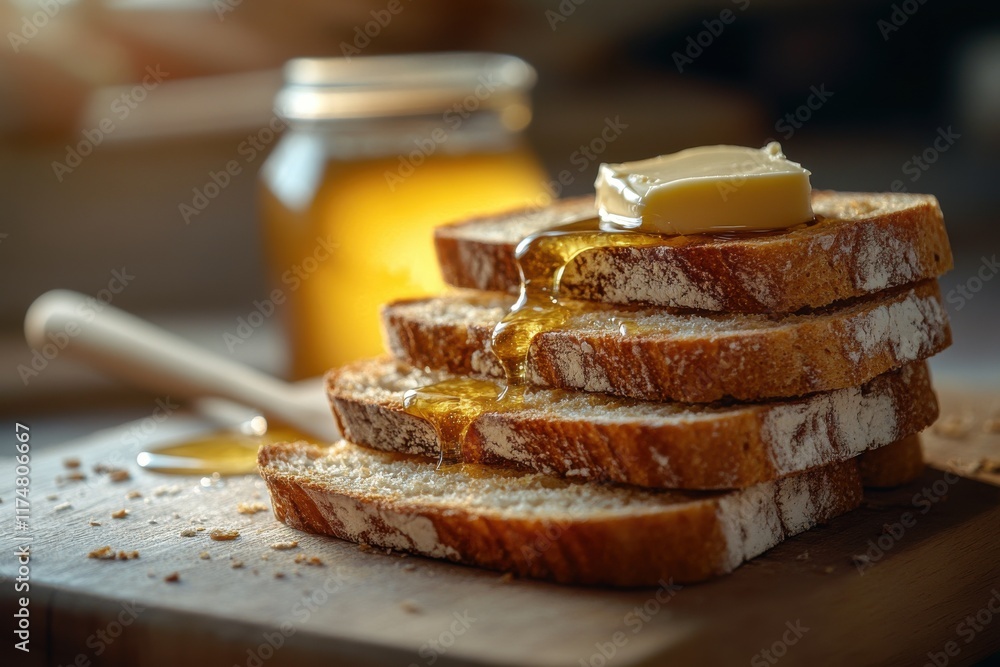 Poster golden brown toast topped with melting butter and honey, creating a delicious and inviting breakfast