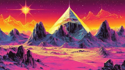 A vibrant, alien landscape featuring a colossal pyramidal structure under a radiant sun