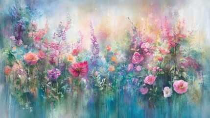 Fototapeta premium Watercolor Painting of a Lush Floral Garden Scene