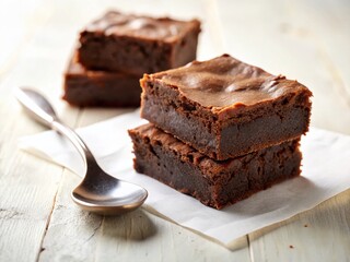Delicious Homemade Chocolate Brownies with Spoon on White Paper - Stock Photo