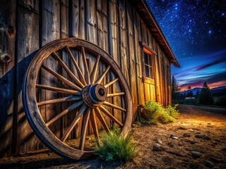 Fototapeta premium A weathered barn wall, a rustic wheel, bathed in the shadows of night.