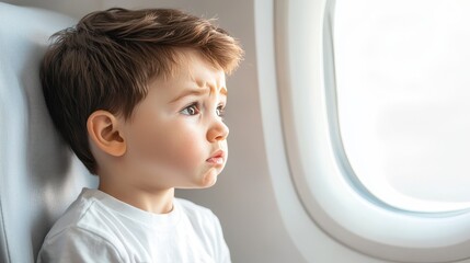 Young Boy Gazing Out of Airplane Window While Traveling