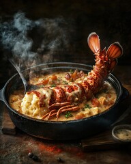 A luxurious dish featuring a whole lobster on creamy seafood risotto, garnished with herbs.