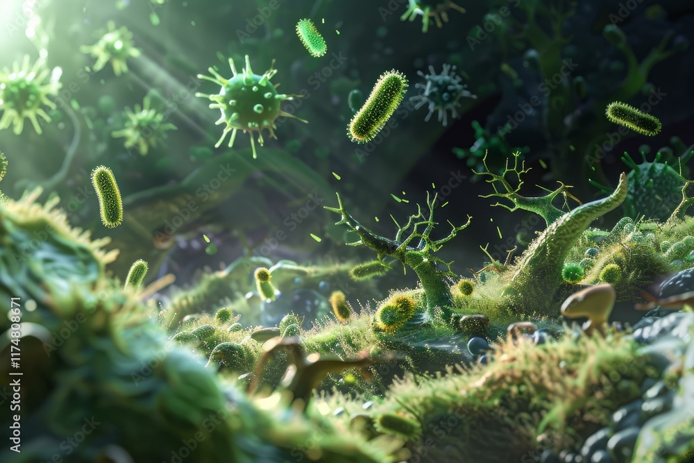Poster 3d rendering of a microscopic view of viruses and bacteria spreading in the human body