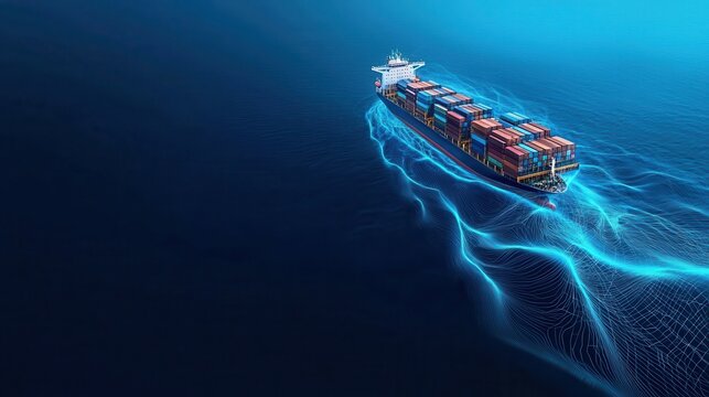 Advanced Cargo Ship Navigating Through Digital Ocean Waves in Blue