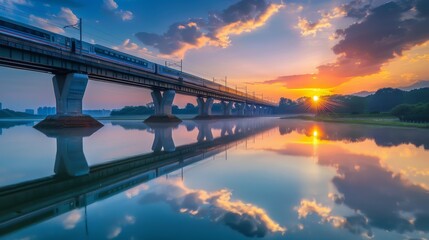 Fototapeta premium Train Crossing a Bridge Over Calm River at Sunset with Vibrant Sky