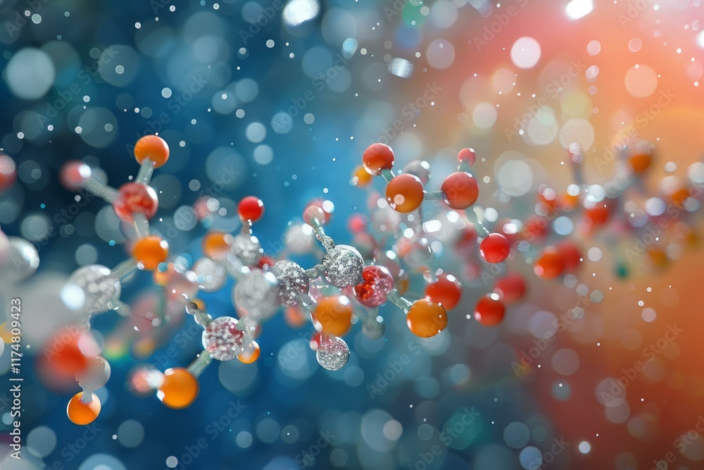 Poster 3d rendering of a molecular chain spinning and rotating on itself on a blurry background