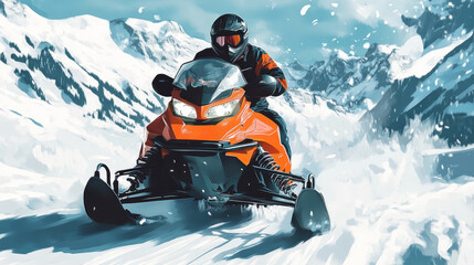 Racing through winter mountains on a sleek orange snowmobile with adrenaline and speed