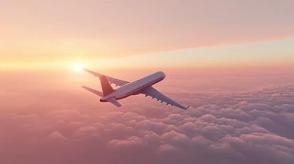 Majestic Airplane Flying Above Clouds During Stunning Sunset