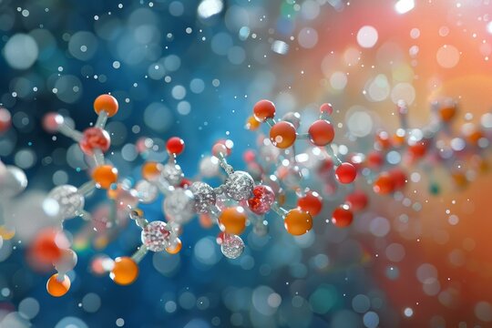 3d rendering of a molecular chain spinning and rotating on itself on a blurry background