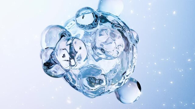Essential Oil Bubbles for cosmetics in water. blue liquid bubbles, fluid flow. Collagen, atoms floating, Moisturizing Cream, Skin Serum, Vitamin, beauty concept, Realistic Drops, Molecule, 3d render